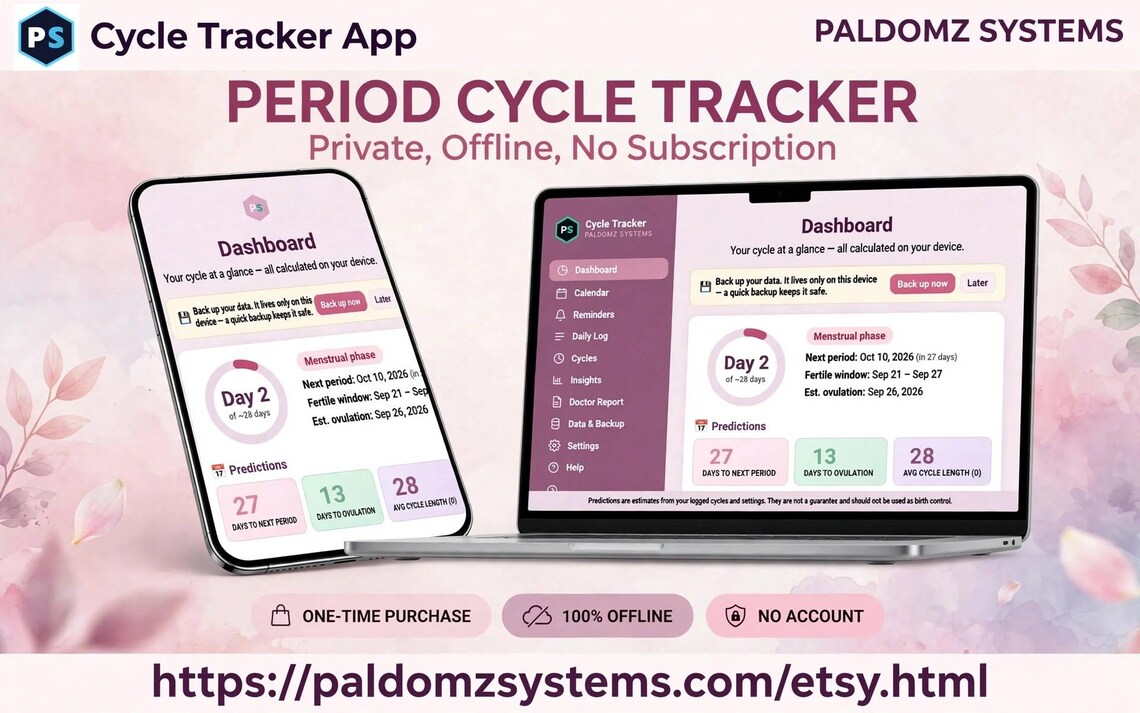 Period & Cycle Tracker App — installable offline menstrual tracker by Paldomz Systems